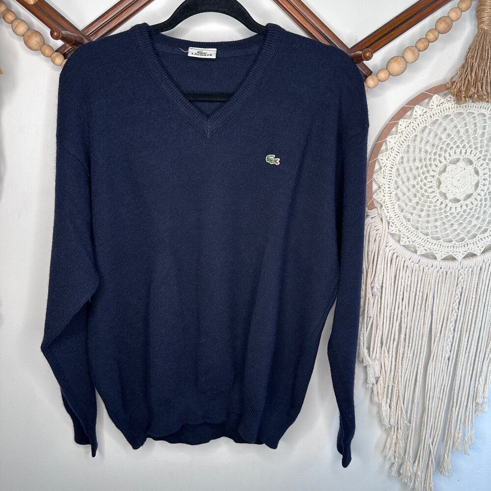 Vintage Lacoste Navy Blue V Neck Wool Blend Sweater